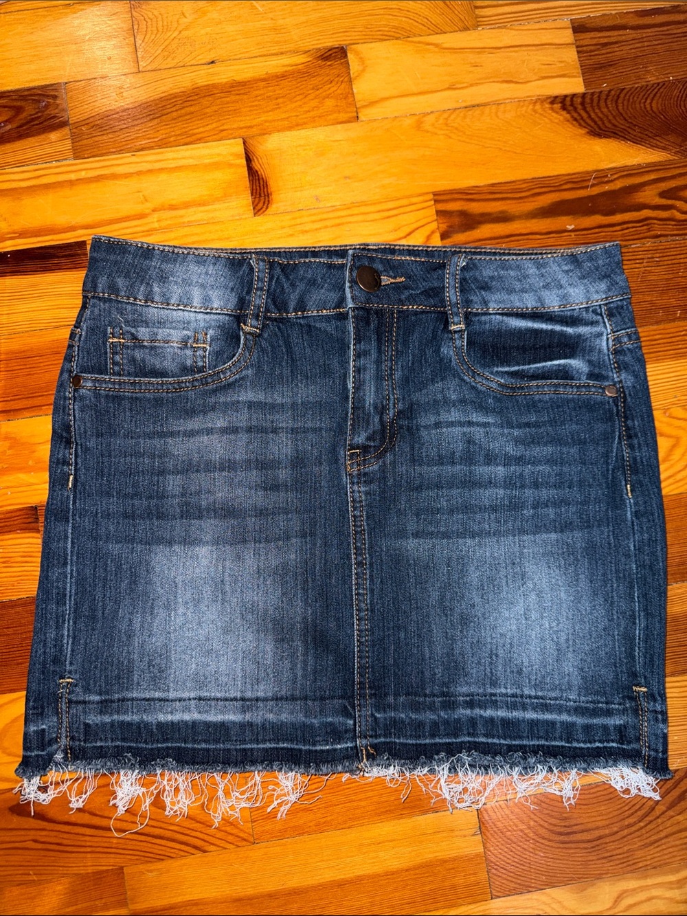 Denim Mini Skirt with Frayed Hem - Blue